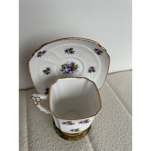 Vintage Royal Stafford Sweet Violets Square Tea Cup & Saucer Set Bone China Gold - Picture 10 of 11